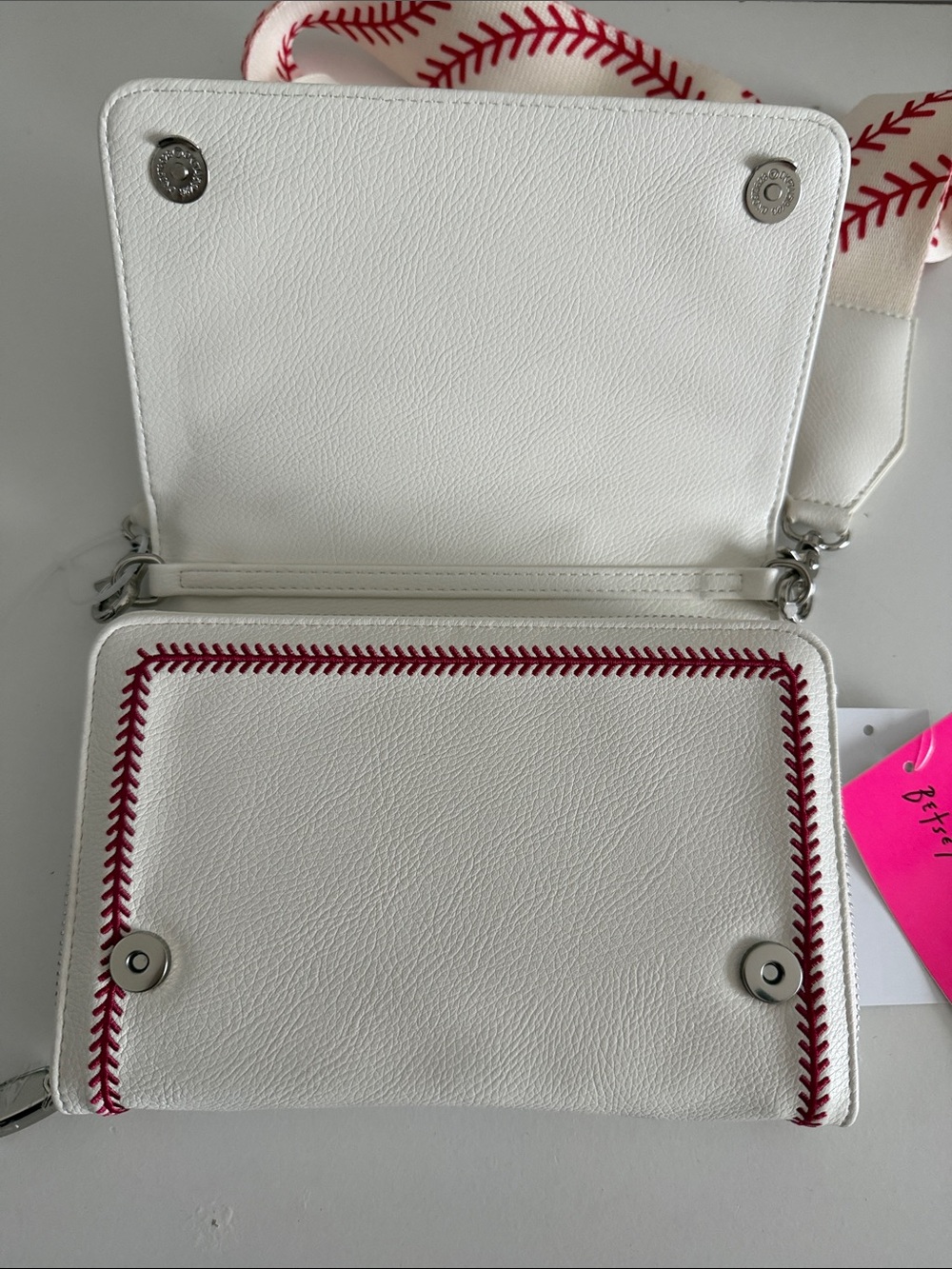 Betsey Johnson White Baseball Crossbody Bag with Red Stitching - Picture 4 of 8